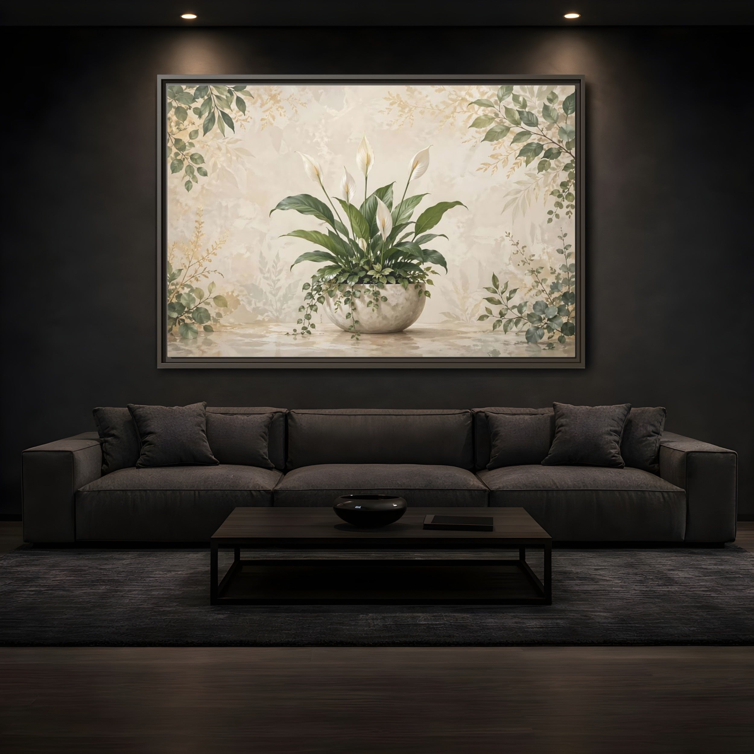 Mockup 3. Nature Peace Lily Green And Beige shown as stretched canvas wall art