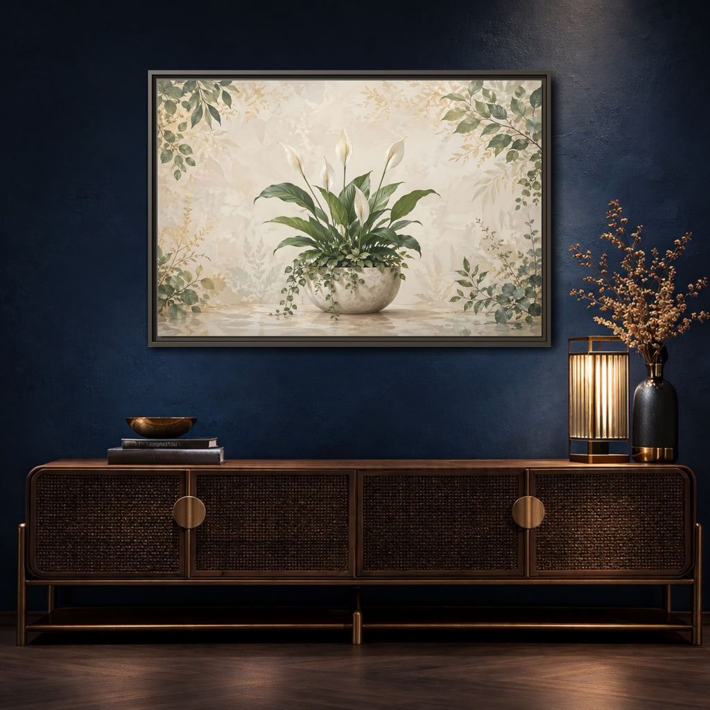 Mockup 4. Nature Peace Lily Green And Beige shown as stretched canvas wall art