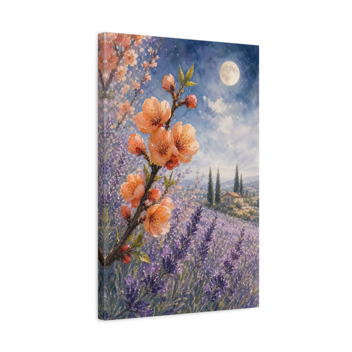 Side Mockup 3. Nature Peach Blossom Peach Lavender shown as stretched canvas wall art