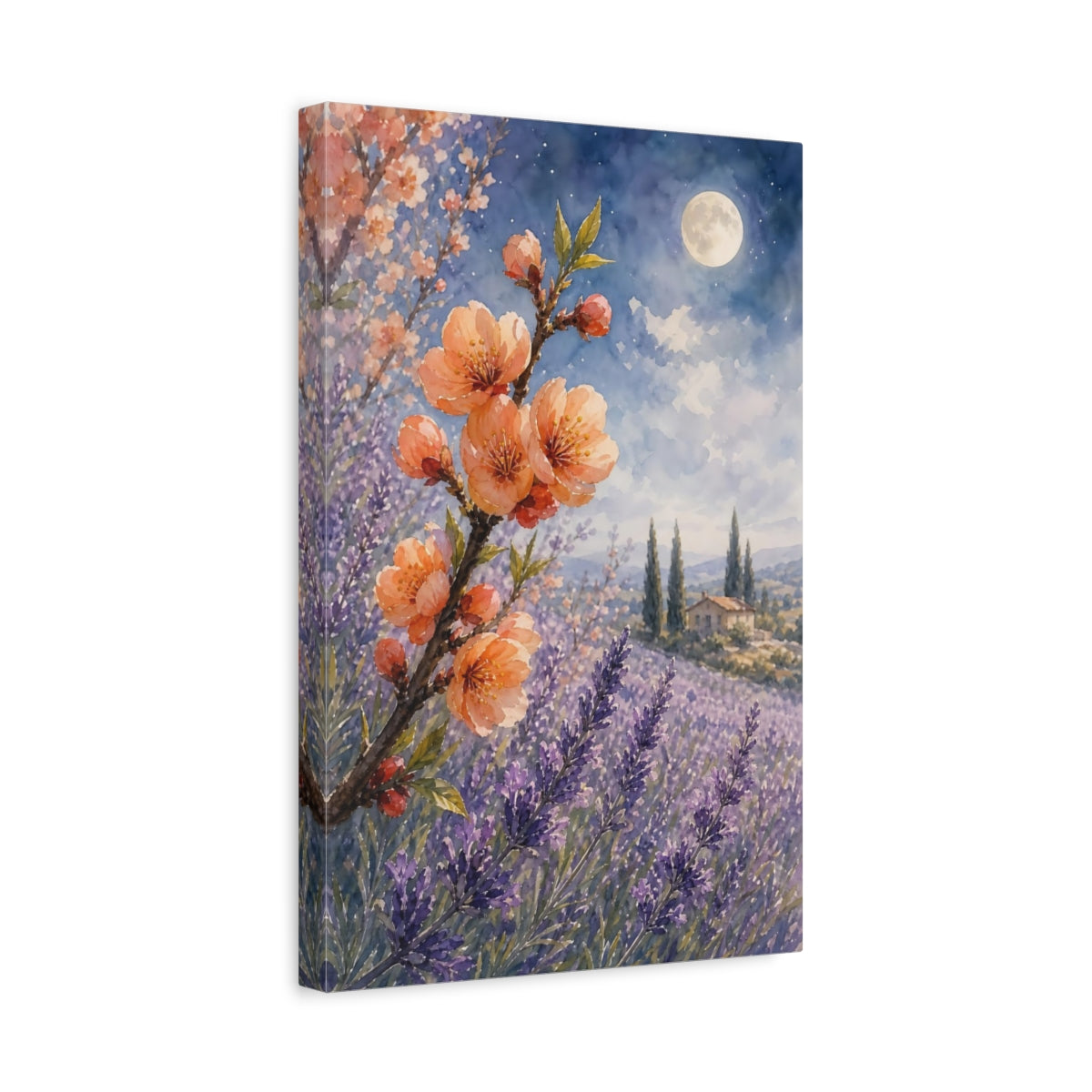 Side Mockup 4. Nature Peach Blossom Peach Lavender shown as stretched canvas wall art
