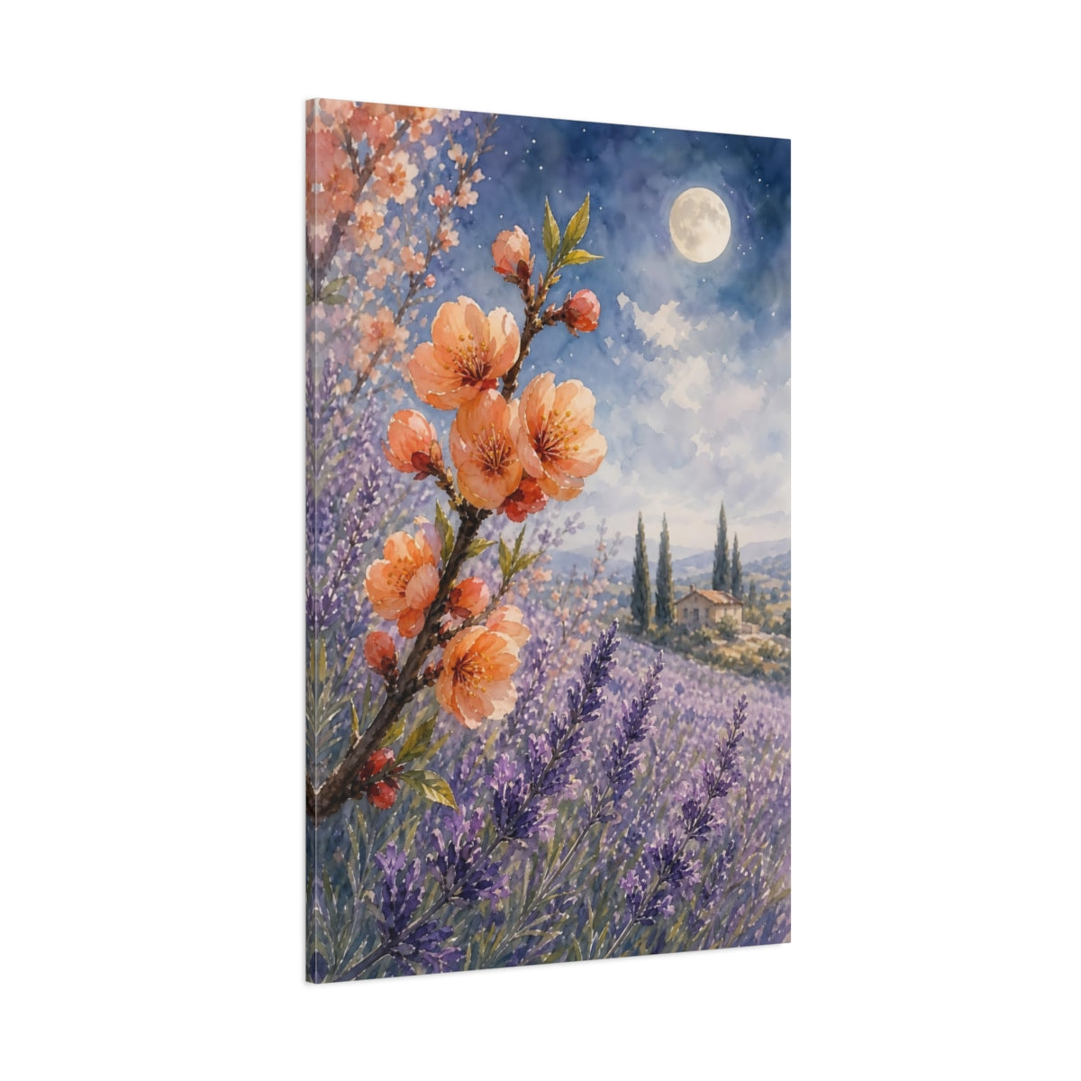 Side Mockup 1. Nature Peach Blossom Peach Lavender shown as stretched canvas wall art