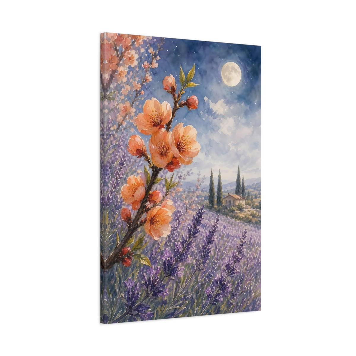 Main Mockup. Nature Peach Blossom Peach Lavender shown as stretched canvas wall art