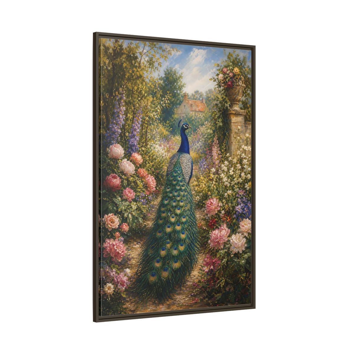 Side Mockup 8. Nature Peacock Peacock Garden shown as stretched canvas wall art