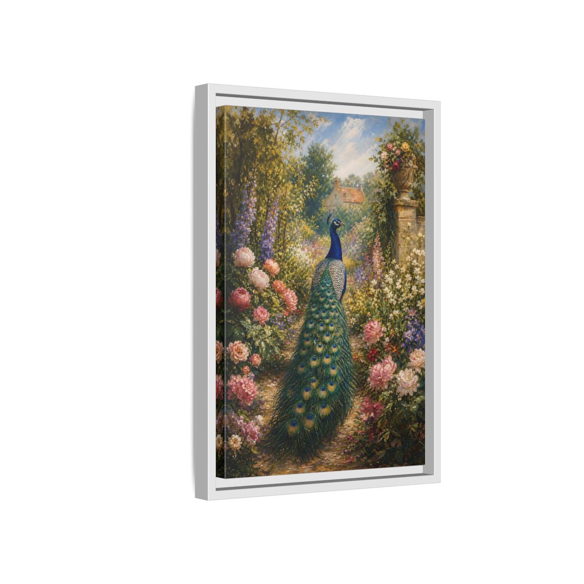 Side Mockup 4. Nature Peacock Peacock Garden shown as stretched canvas wall art