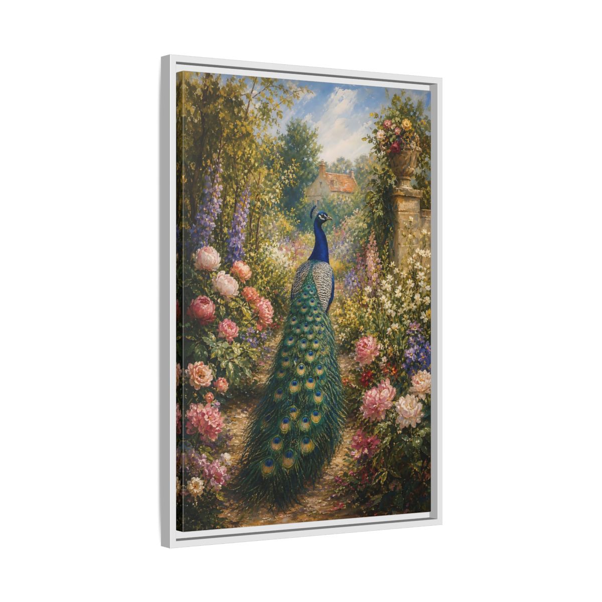 Side Mockup 10. Nature Peacock Peacock Garden shown as stretched canvas wall art