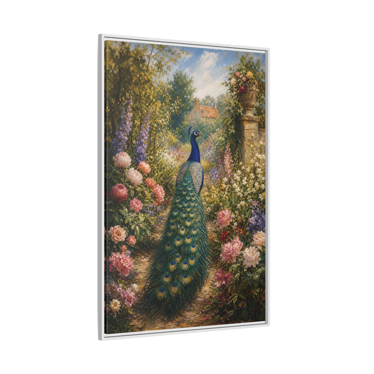 Side Mockup 7. Nature Peacock Peacock Garden shown as stretched canvas wall art
