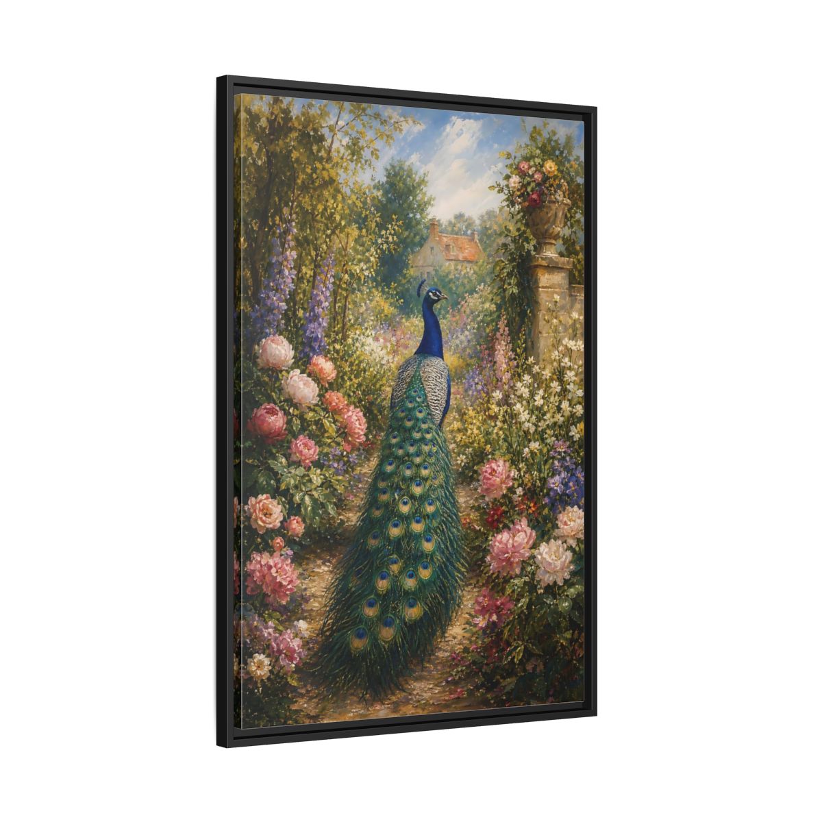 Side Mockup 13. Nature Peacock Peacock Garden shown as stretched canvas wall art
