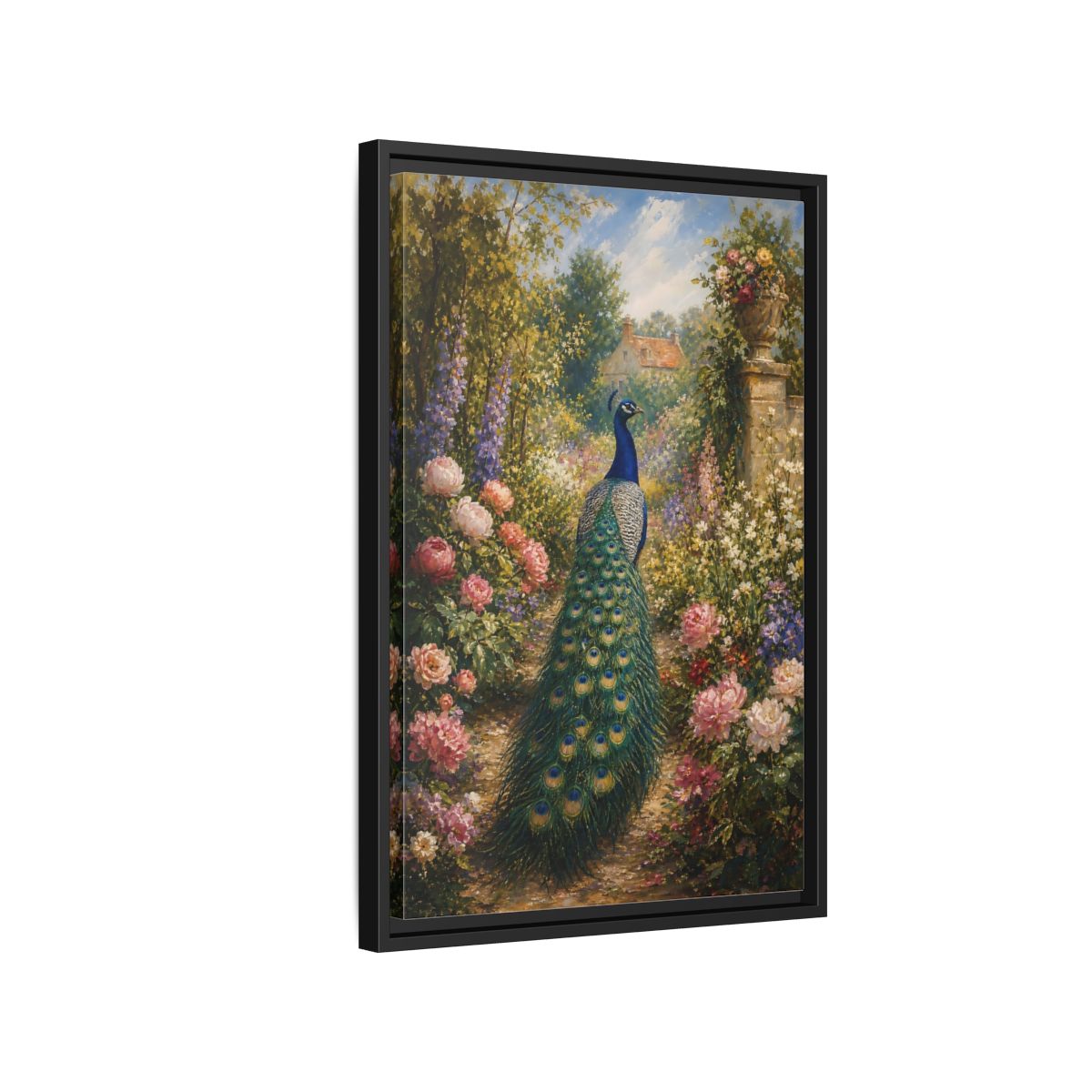 Side Mockup 3. Nature Peacock Peacock Garden shown as stretched canvas wall art
