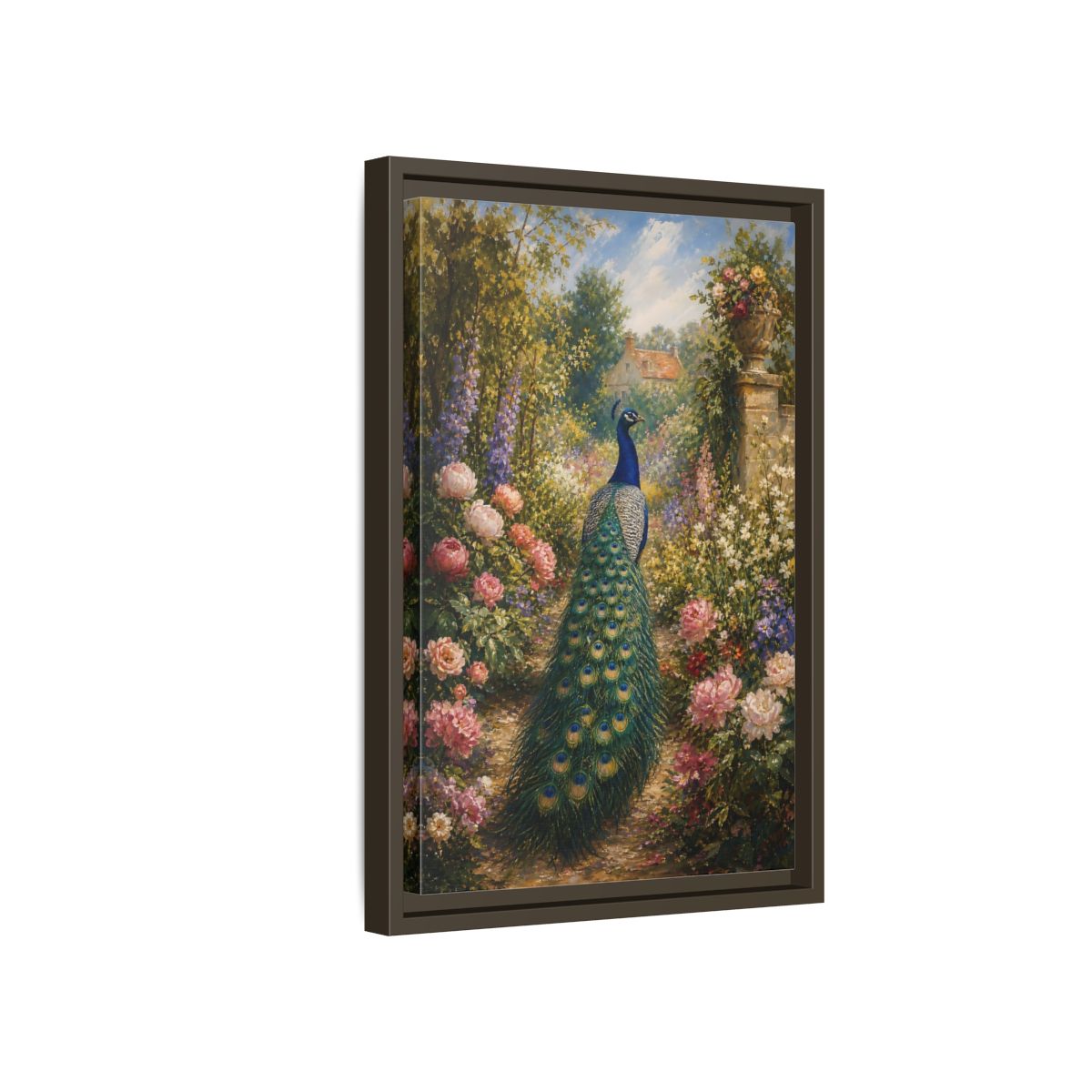 Side Mockup 5. Nature Peacock Peacock Garden shown as stretched canvas wall art
