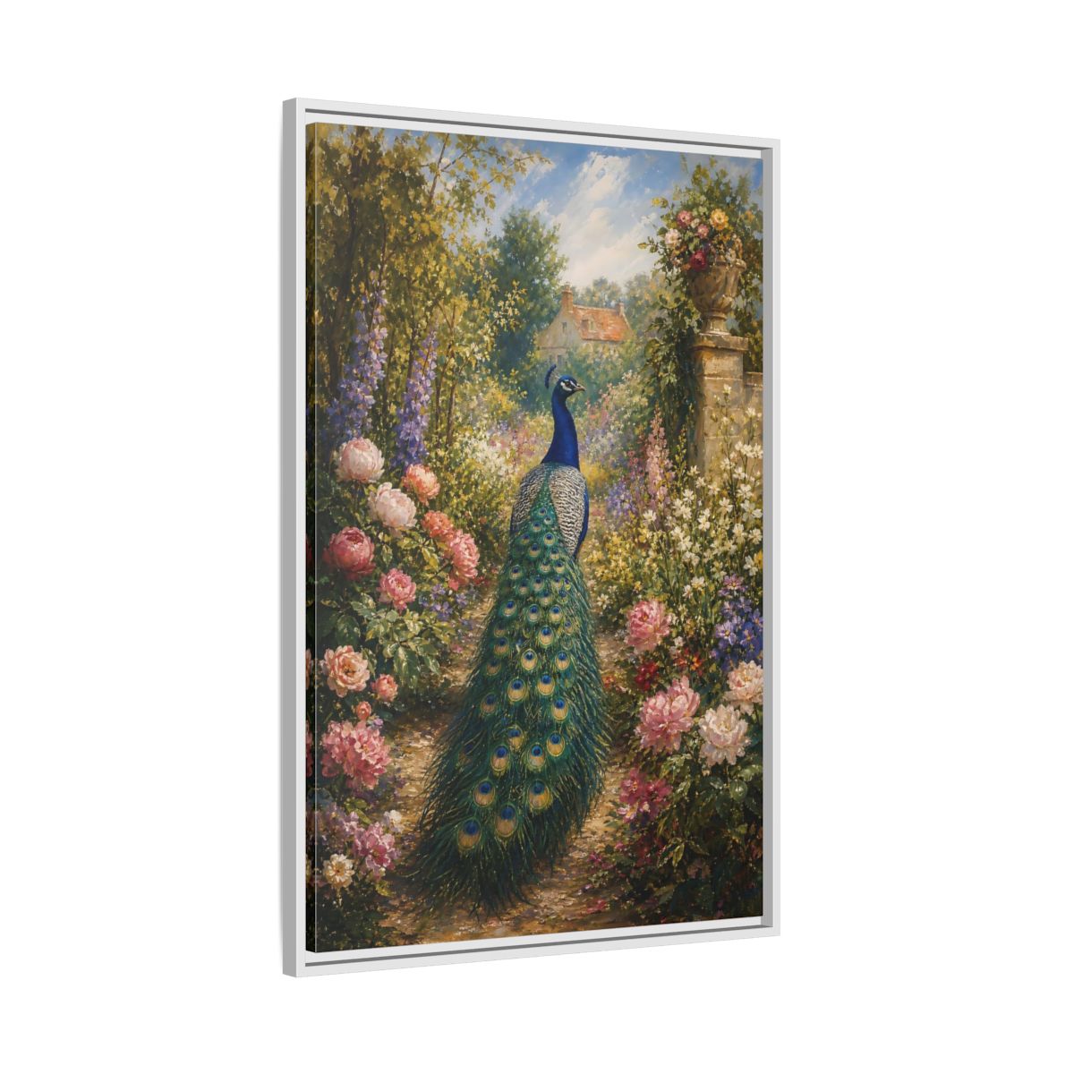 Side Mockup 9. Nature Peacock Peacock Garden shown as stretched canvas wall art