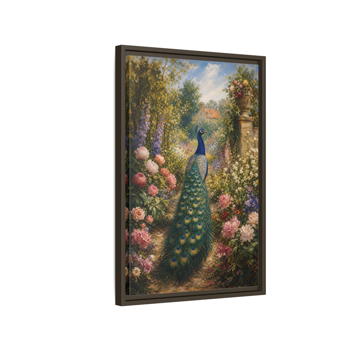 Side Mockup 2. Nature Peacock Peacock Garden shown as stretched canvas wall art