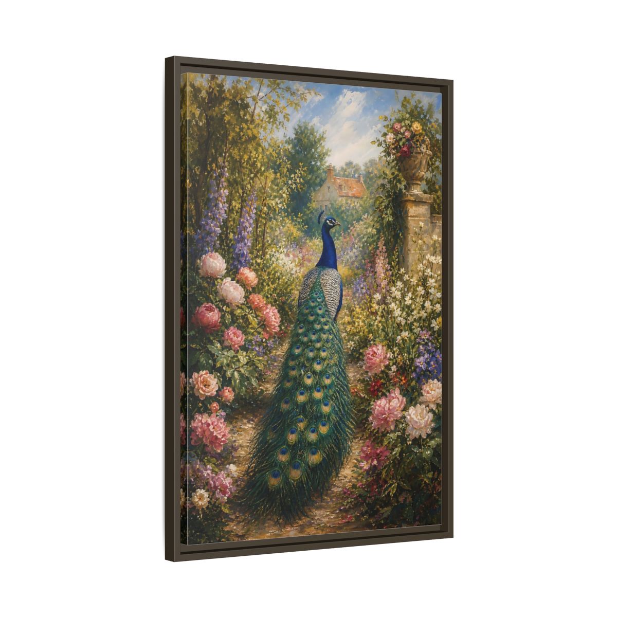Side Mockup 11. Nature Peacock Peacock Garden shown as stretched canvas wall art