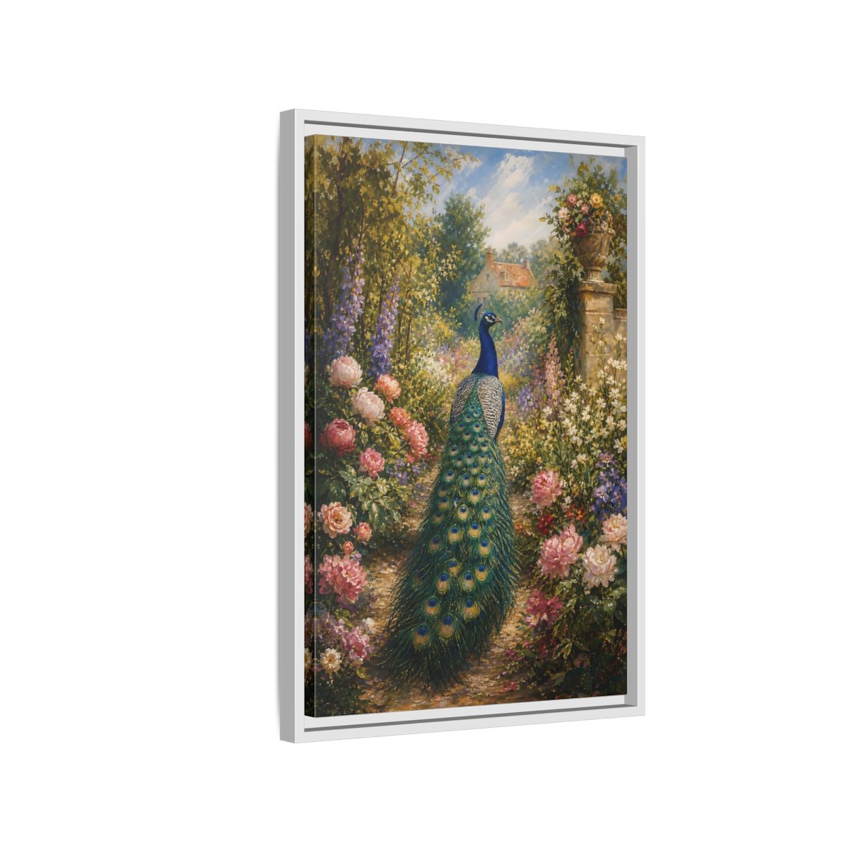 Side Mockup 1. Nature Peacock Peacock Garden shown as stretched canvas wall art