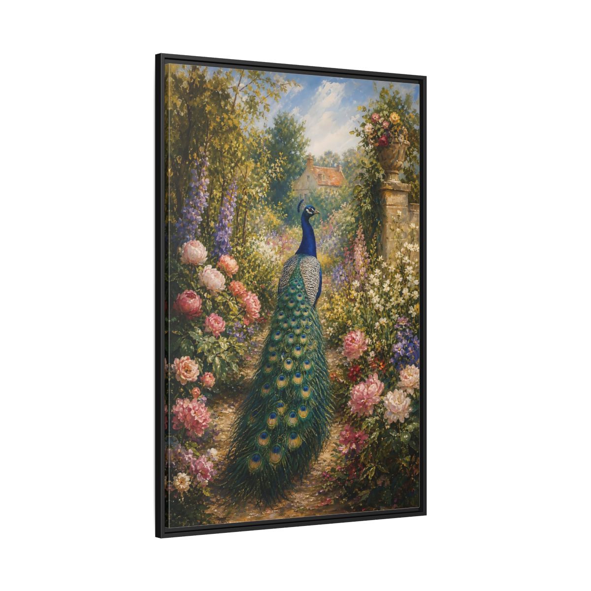 Side Mockup 12. Nature Peacock Peacock Garden shown as stretched canvas wall art