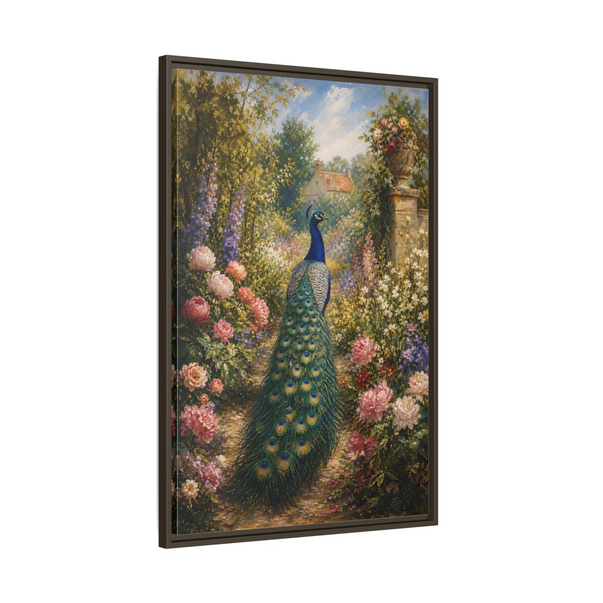 Main Mockup. Nature Peacock Peacock Garden shown as stretched canvas wall art