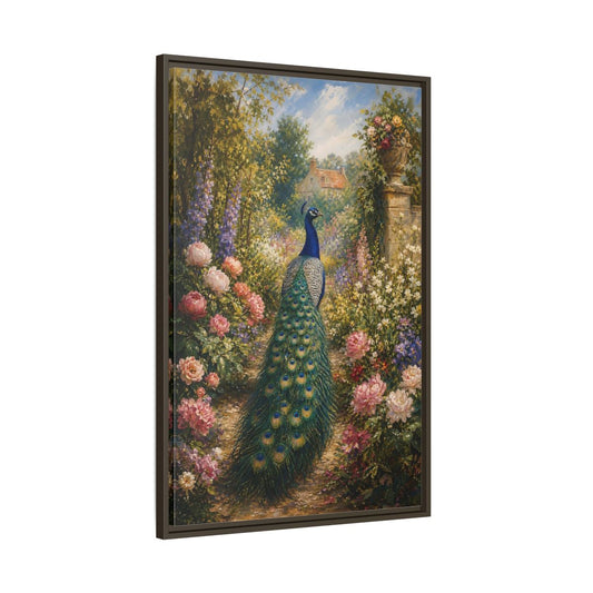 Main Mockup. Nature Peacock Peacock Garden shown as stretched canvas wall art