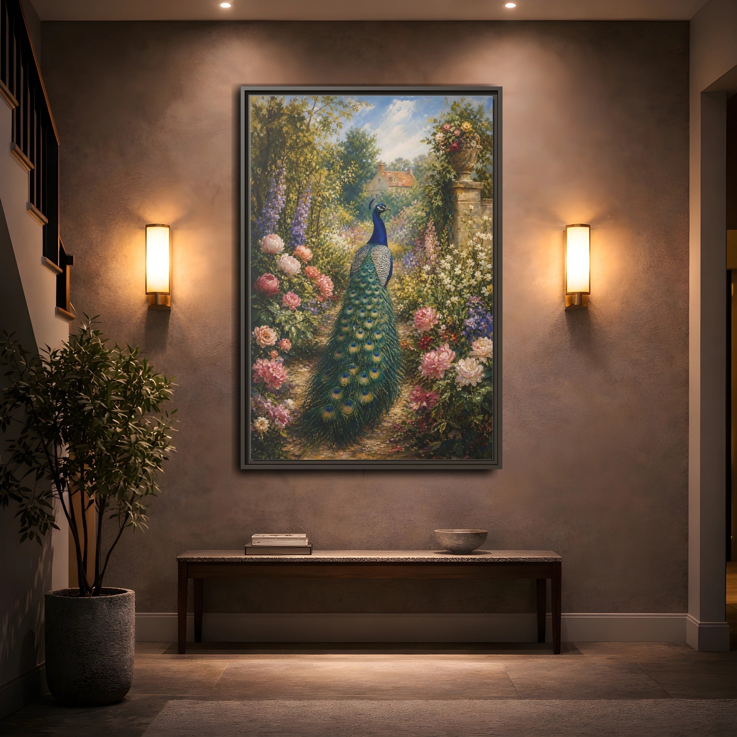 Mockup 2. Nature Peacock Peacock Garden shown as stretched canvas wall art