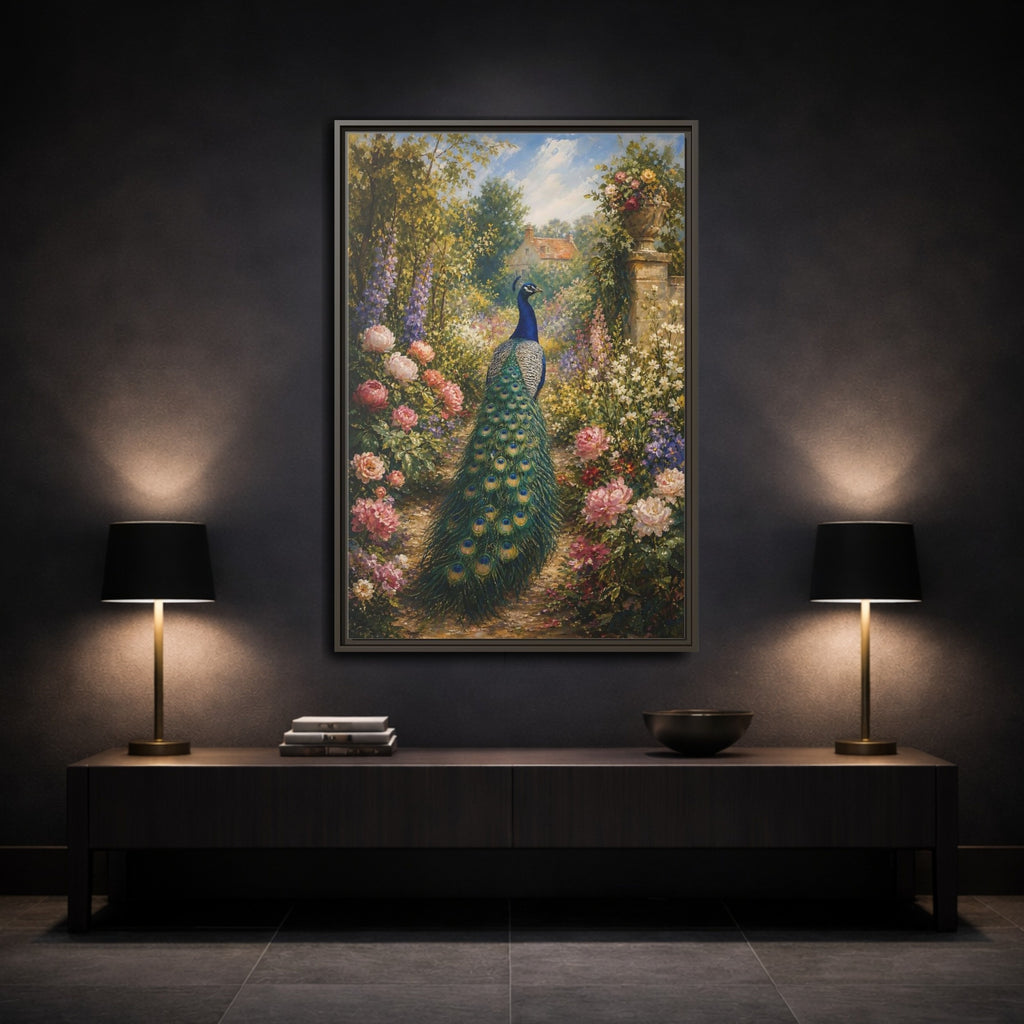Mockup 3. Nature Peacock Peacock Garden shown as stretched canvas wall art
