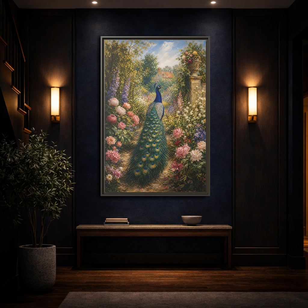 Mockup 4. Nature Peacock Peacock Garden shown as stretched canvas wall art