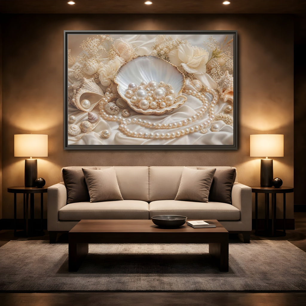 Mockup 2. Nature Pearls Pearl And Cream shown as stretched canvas wall art
