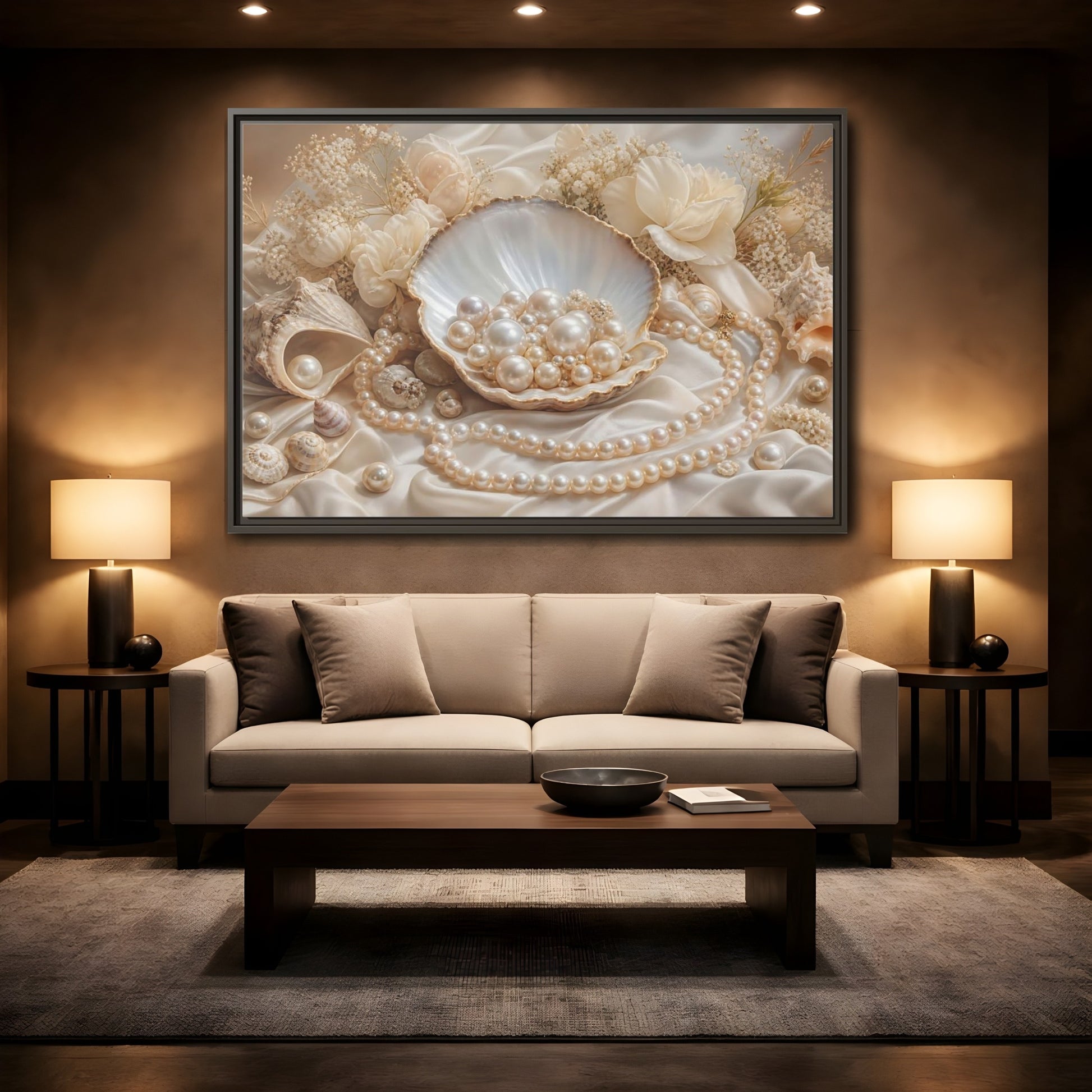 Mockup 2. Nature Pearls Pearl And Cream shown as stretched canvas wall art