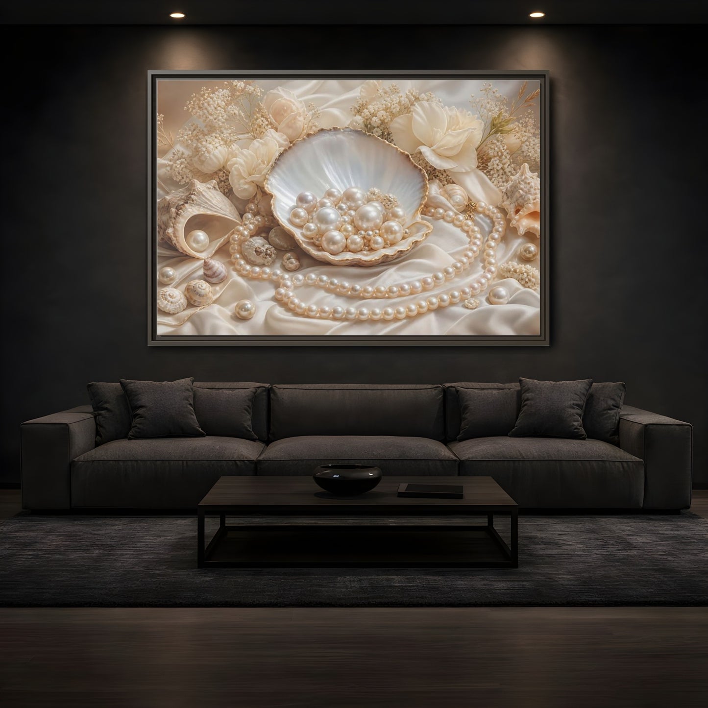 Mockup 3. Nature Pearls Pearl And Cream shown as stretched canvas wall art