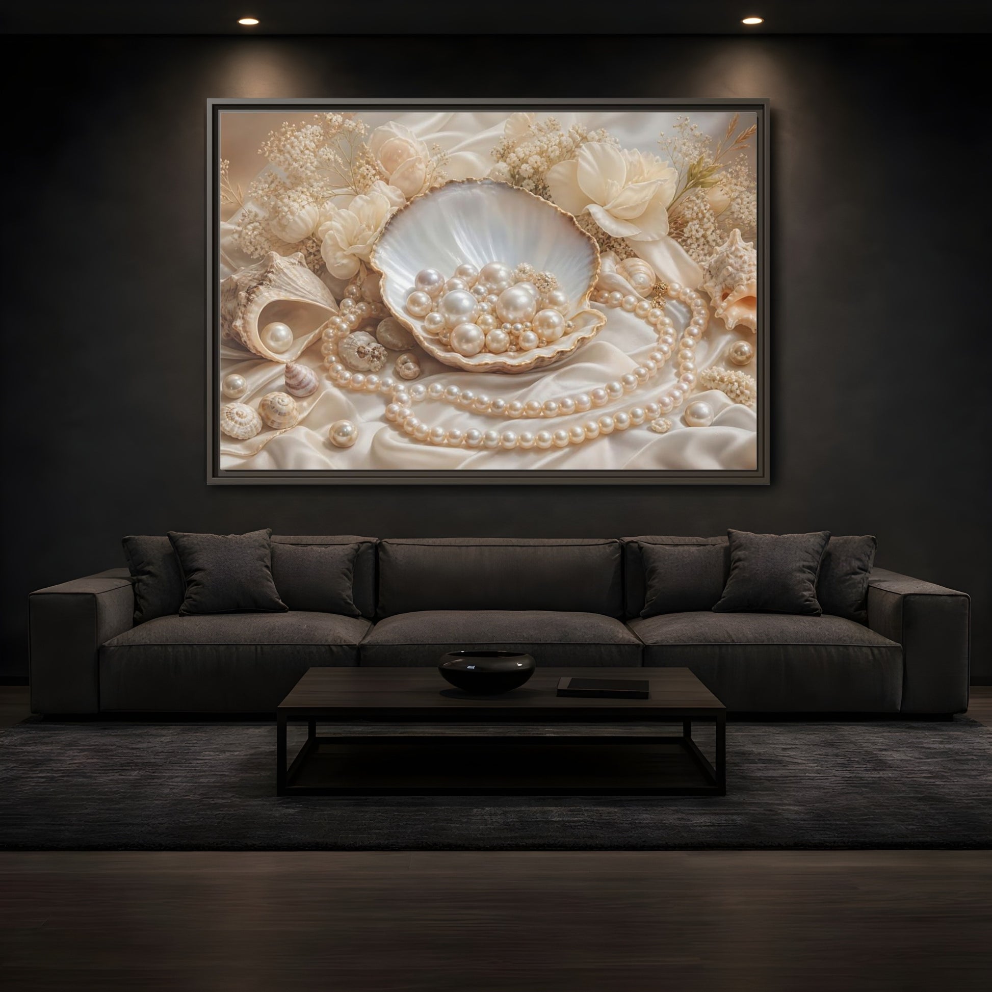 Mockup 3. Nature Pearls Pearl And Cream shown as stretched canvas wall art