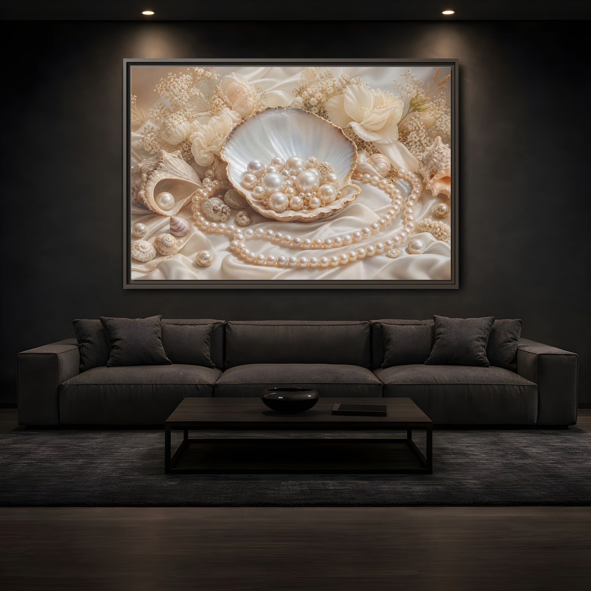 Mockup 3. Nature Pearls Pearl And Cream shown as stretched canvas wall art
