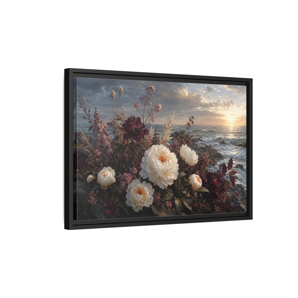 Side Mockup 3. Nature Peonies Peonies Ocean Sunset shown as stretched canvas wall art