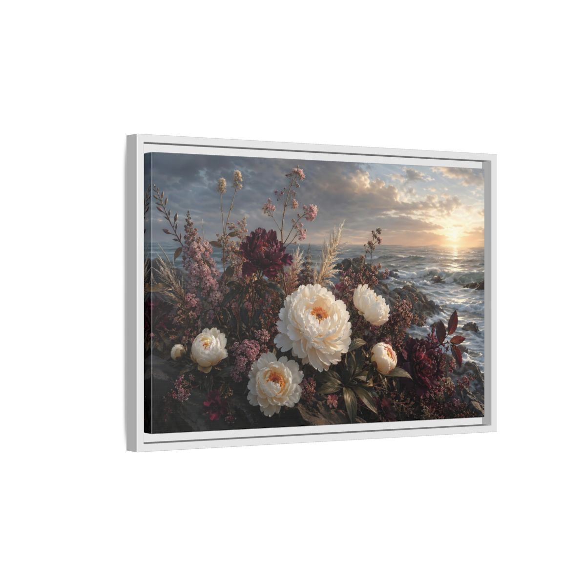 Side Mockup 1. Nature Peonies Peonies Ocean Sunset shown as stretched canvas wall art