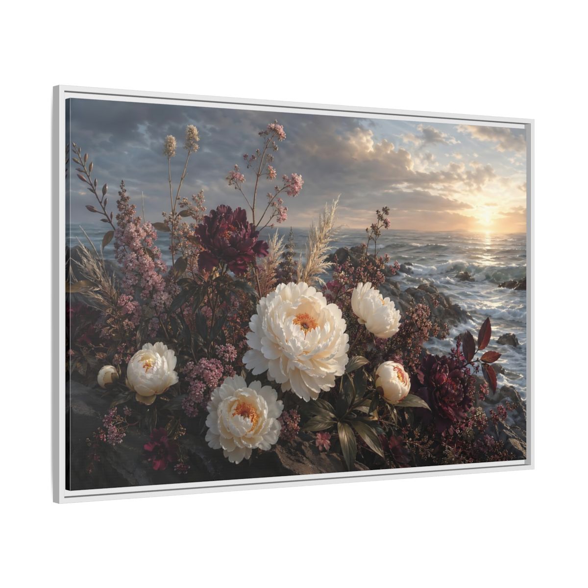 Side Mockup 7. Nature Peonies Peonies Ocean Sunset shown as stretched canvas wall art