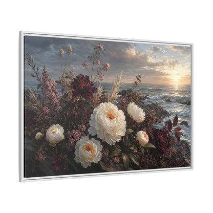 Side Mockup 7. Nature Peonies Peonies Ocean Sunset shown as stretched canvas wall art