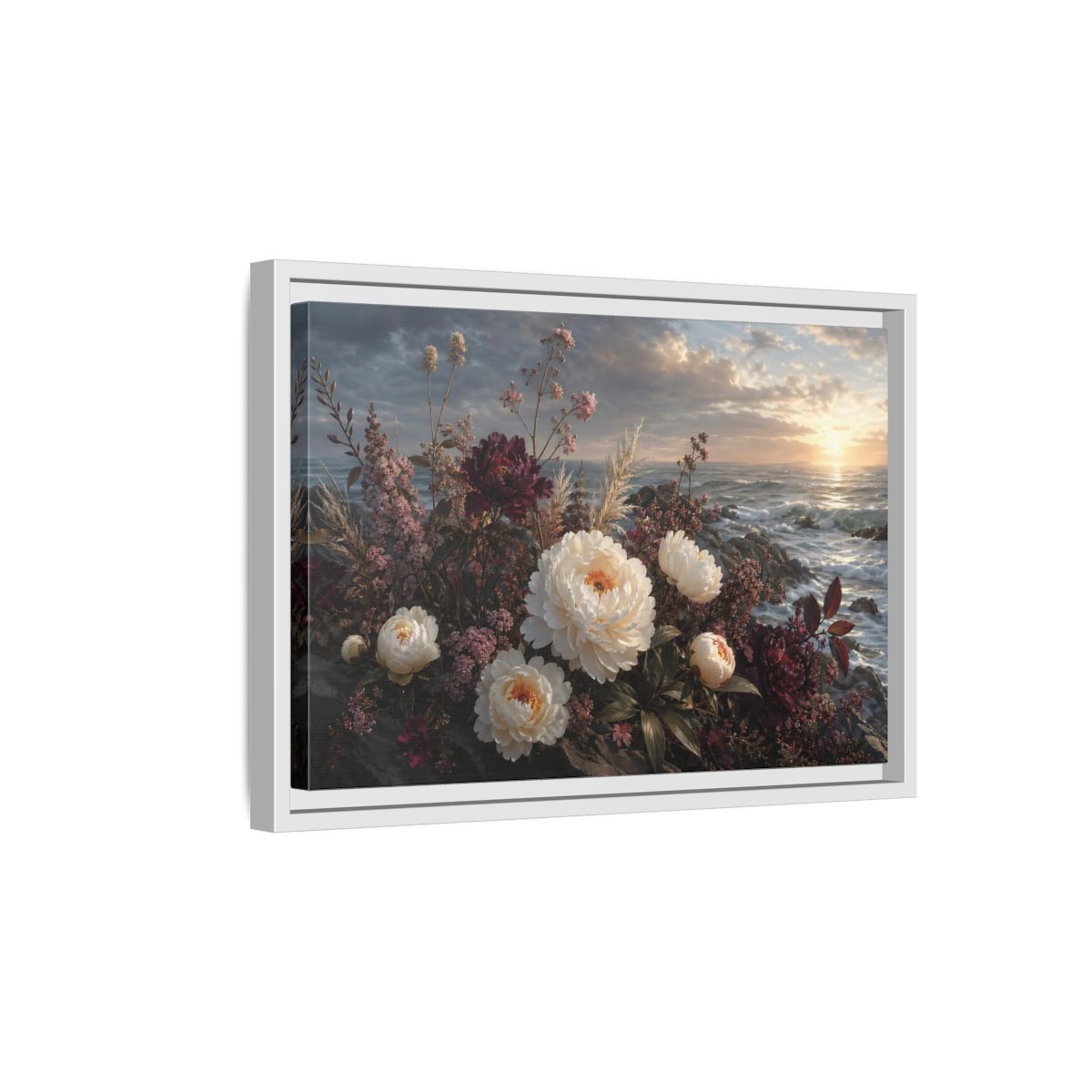 Side Mockup 4. Nature Peonies Peonies Ocean Sunset shown as stretched canvas wall art