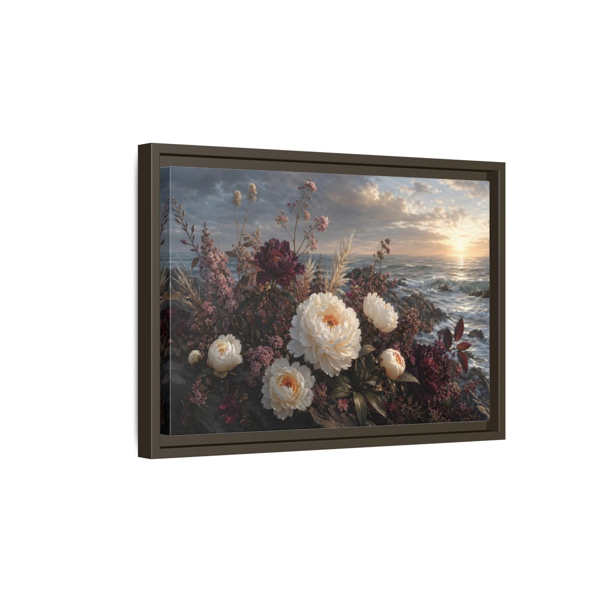 Side Mockup 5. Nature Peonies Peonies Ocean Sunset shown as stretched canvas wall art