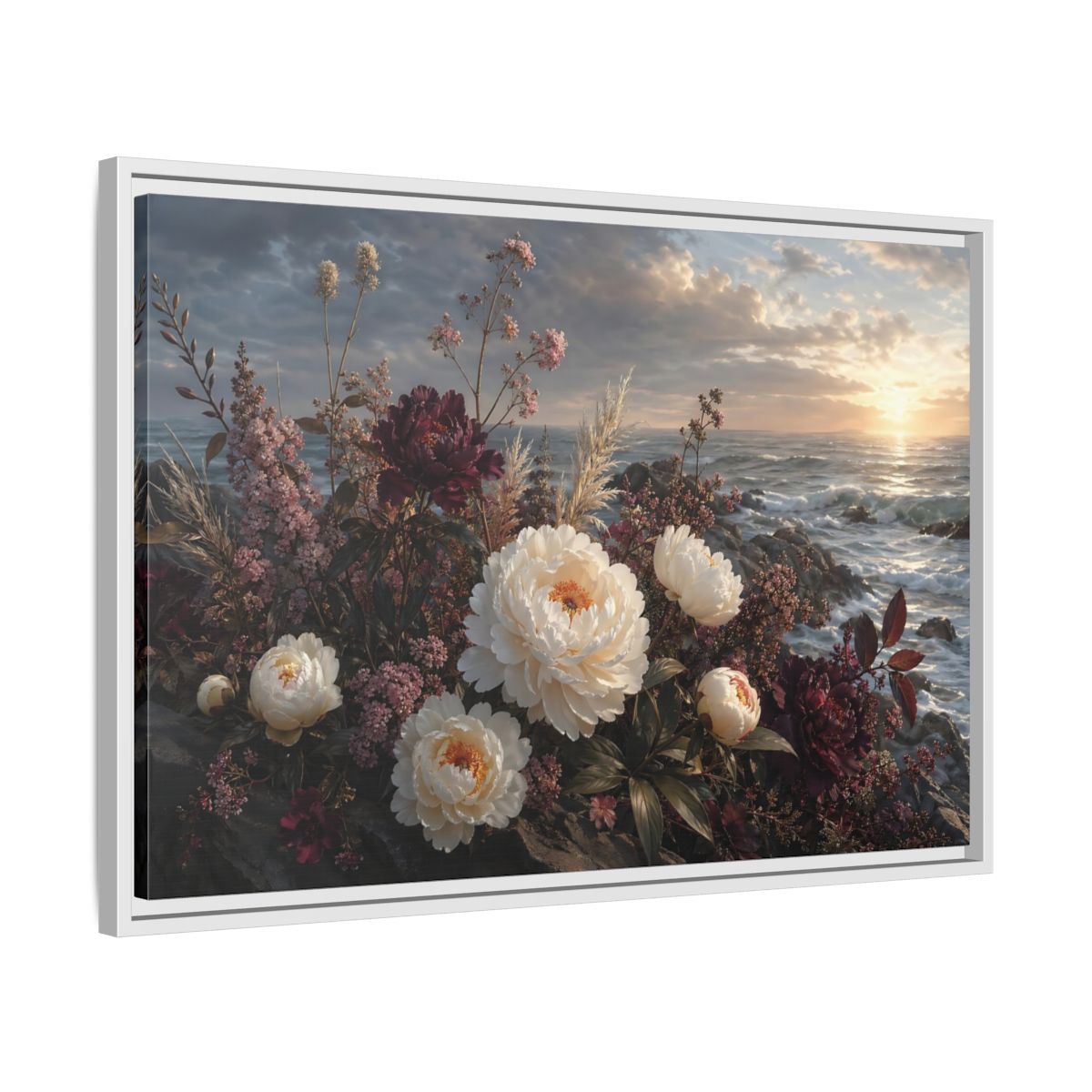 Side Mockup 10. Nature Peonies Peonies Ocean Sunset shown as stretched canvas wall art
