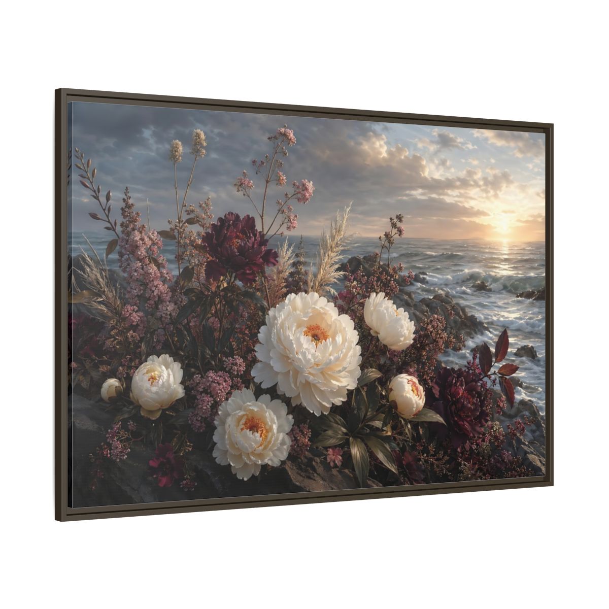Side Mockup 8. Nature Peonies Peonies Ocean Sunset shown as stretched canvas wall art