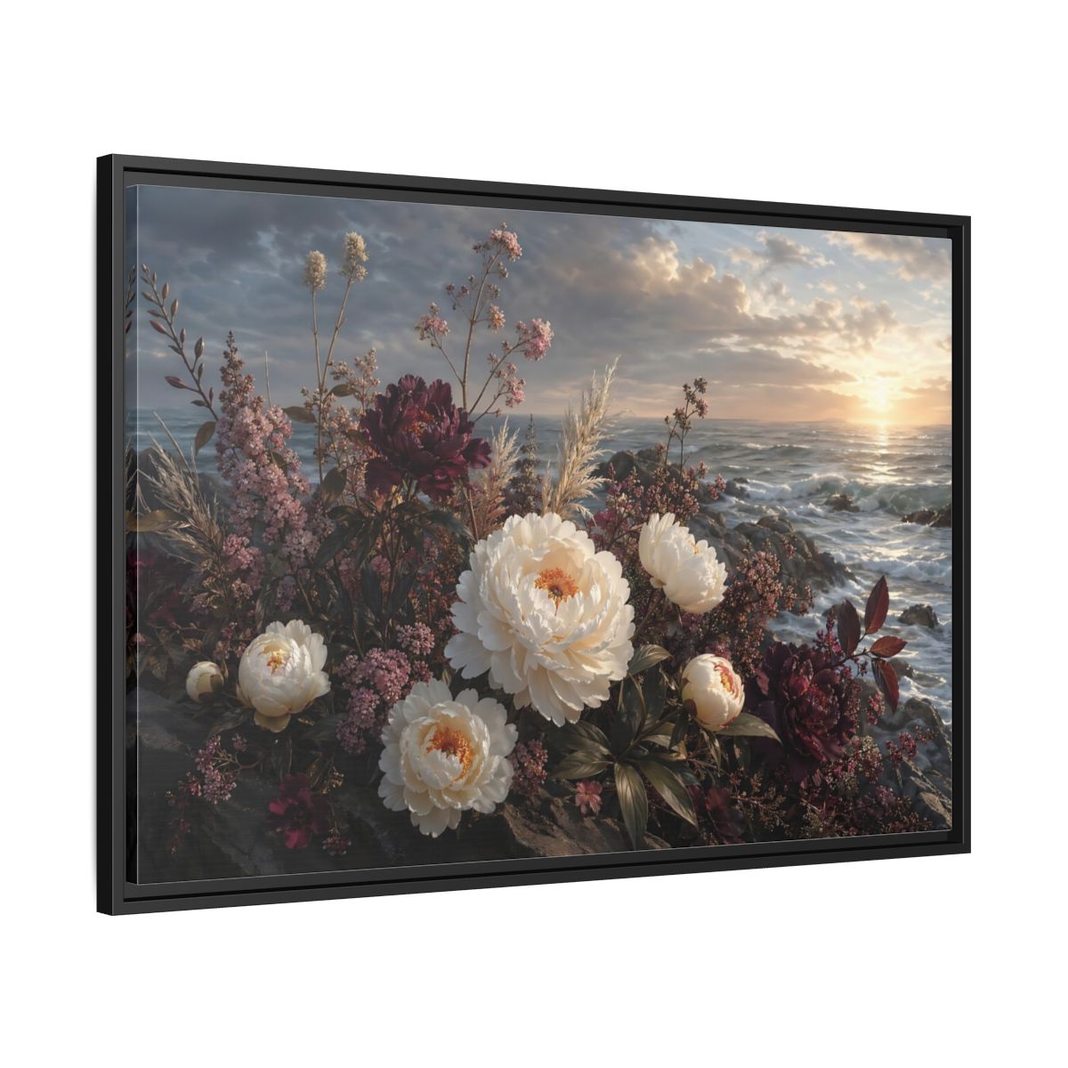 Side Mockup 13. Nature Peonies Peonies Ocean Sunset shown as stretched canvas wall art