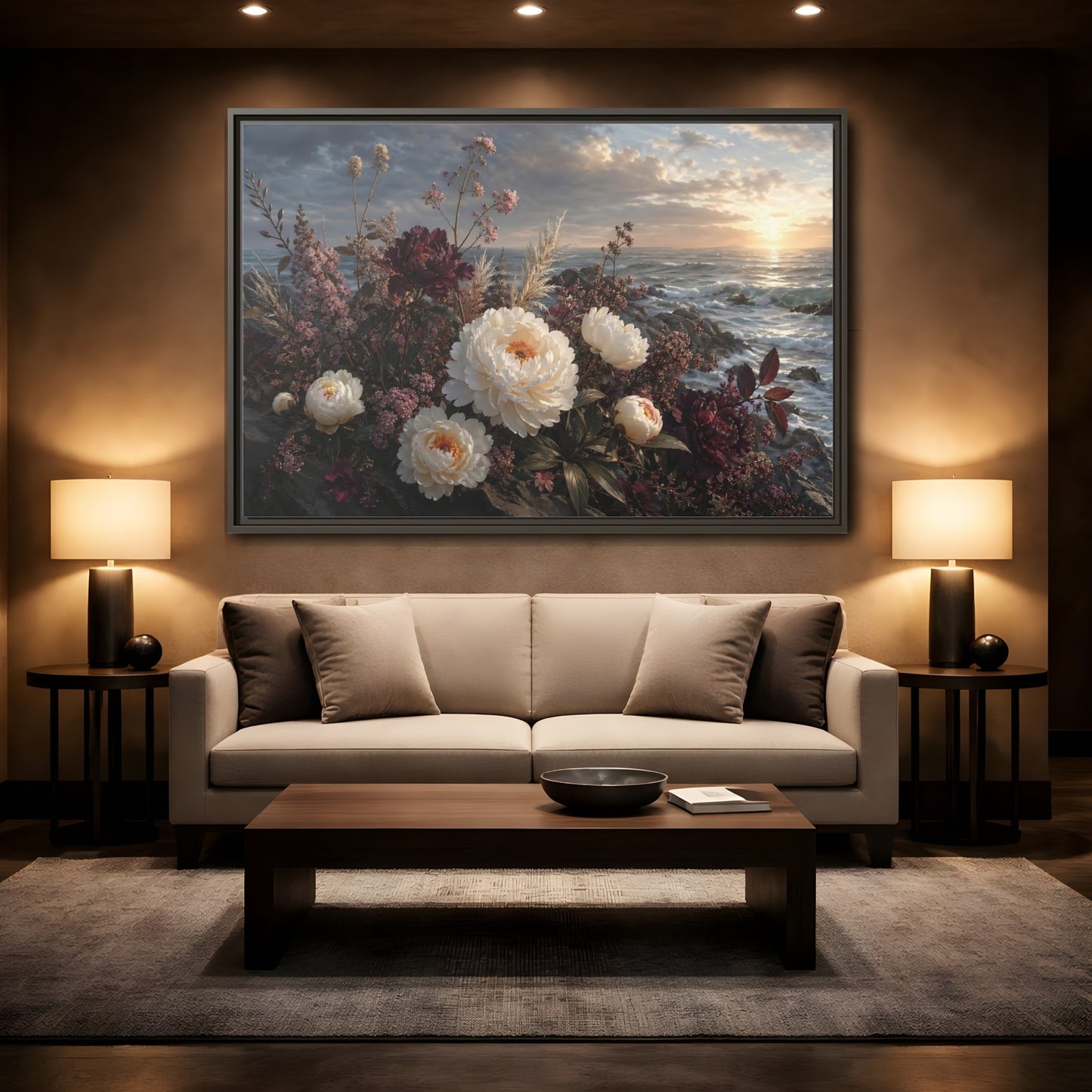 Mockup 2. Nature Peonies Peonies Ocean Sunset shown as stretched canvas wall art