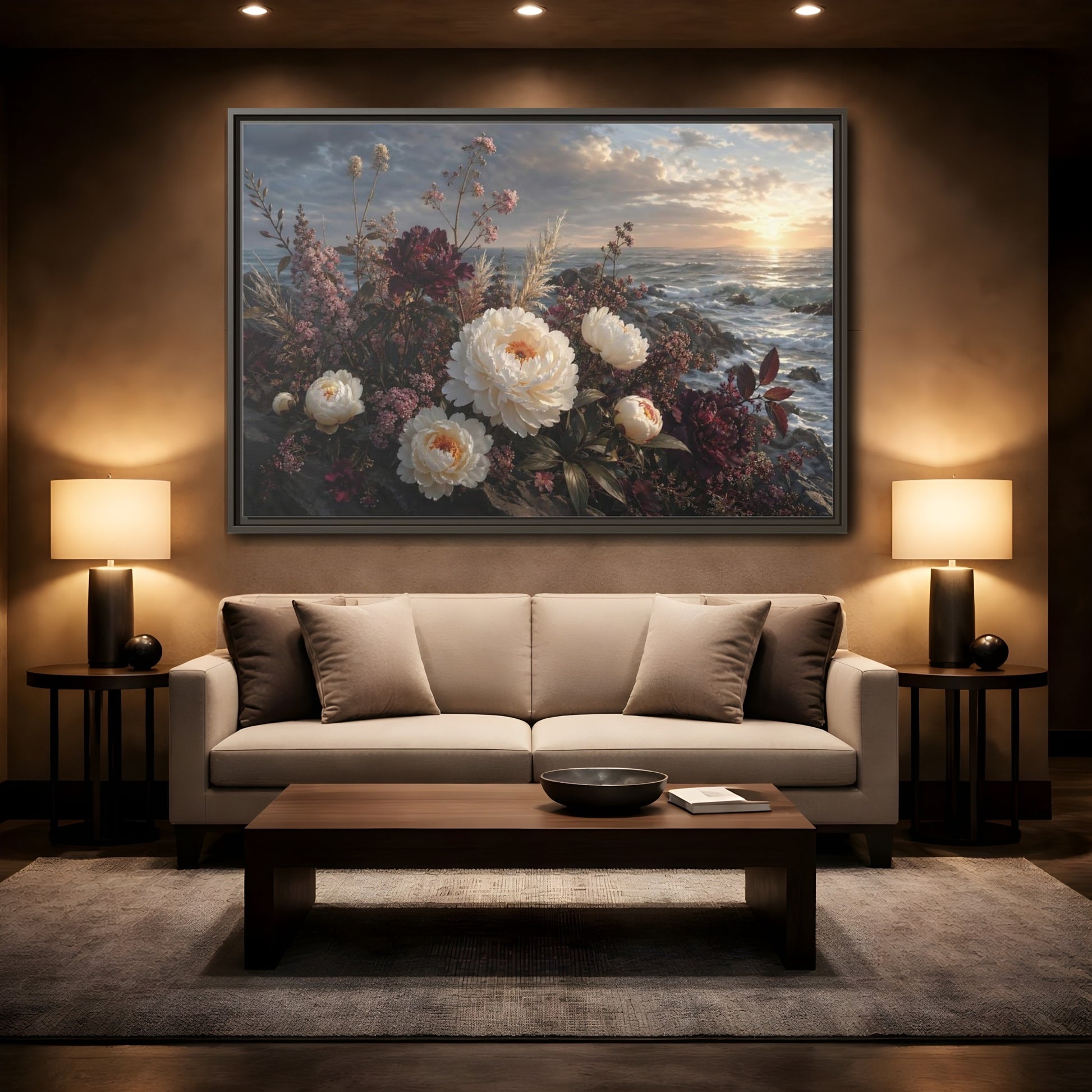 Mockup 2. Nature Peonies Peonies Ocean Sunset shown as stretched canvas wall art