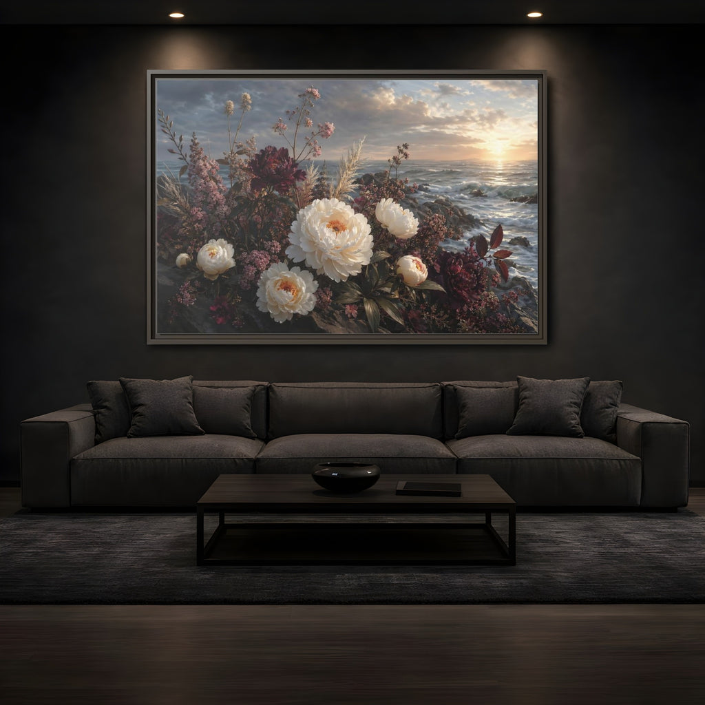 Mockup 3. Nature Peonies Peonies Ocean Sunset shown as stretched canvas wall art