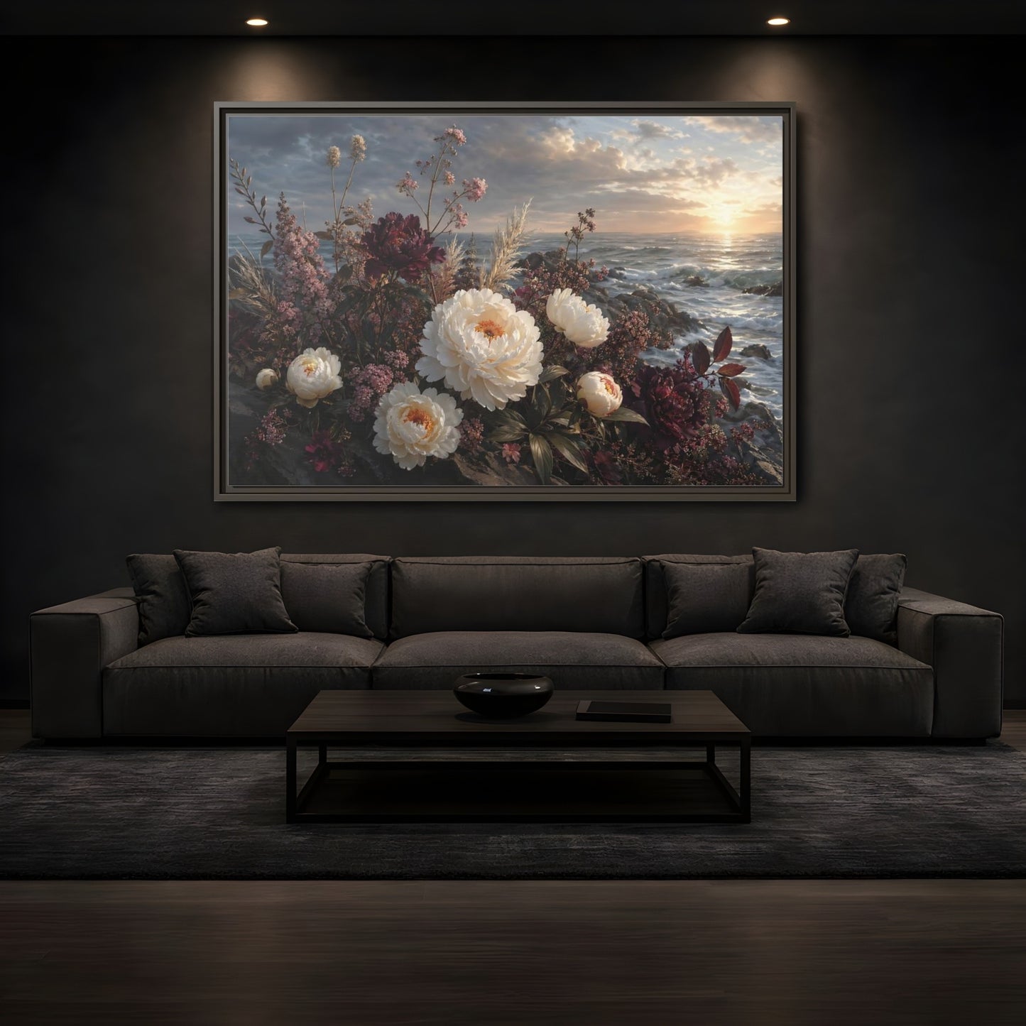 Mockup 3. Nature Peonies Peonies Ocean Sunset shown as stretched canvas wall art