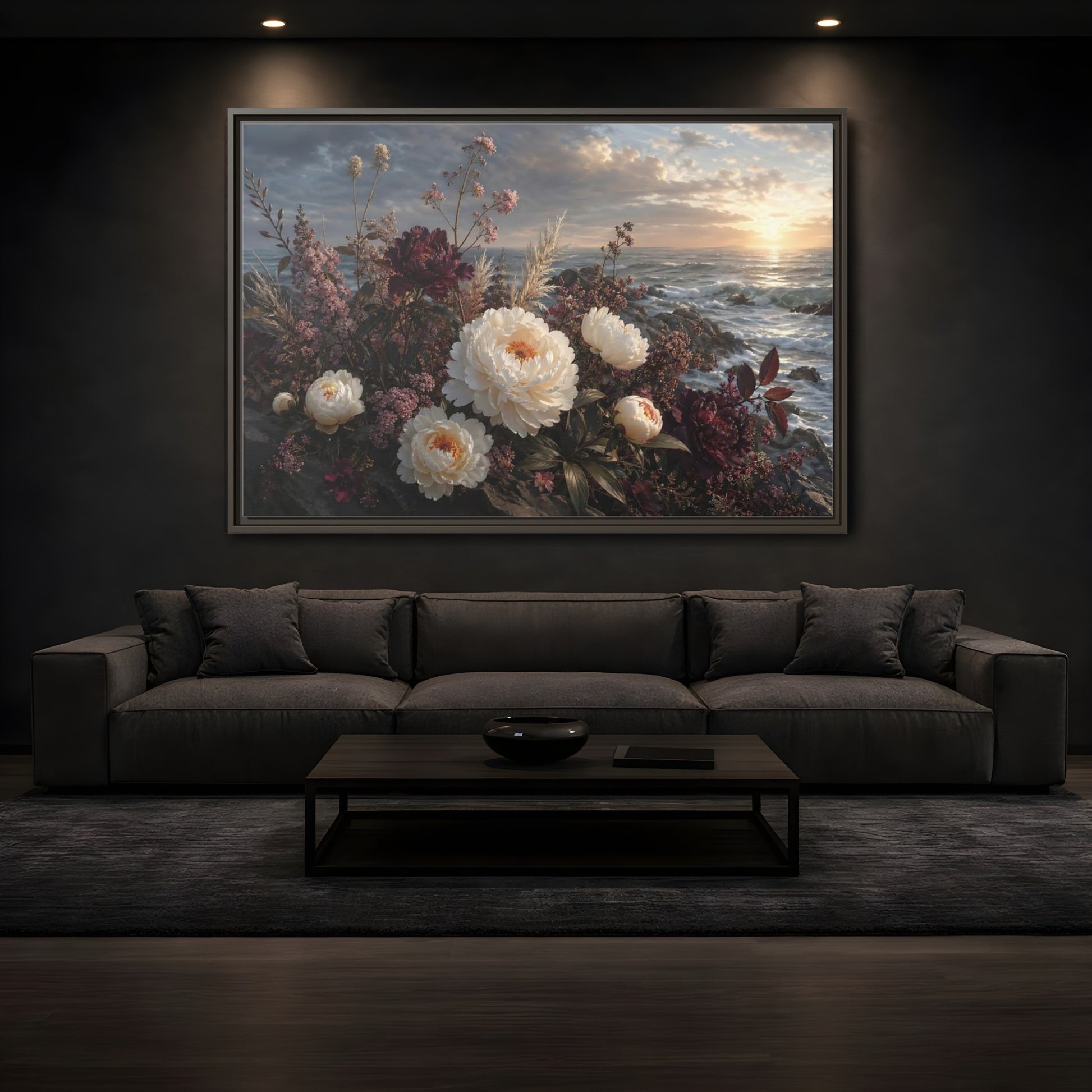 Mockup 3. Nature Peonies Peonies Ocean Sunset shown as stretched canvas wall art