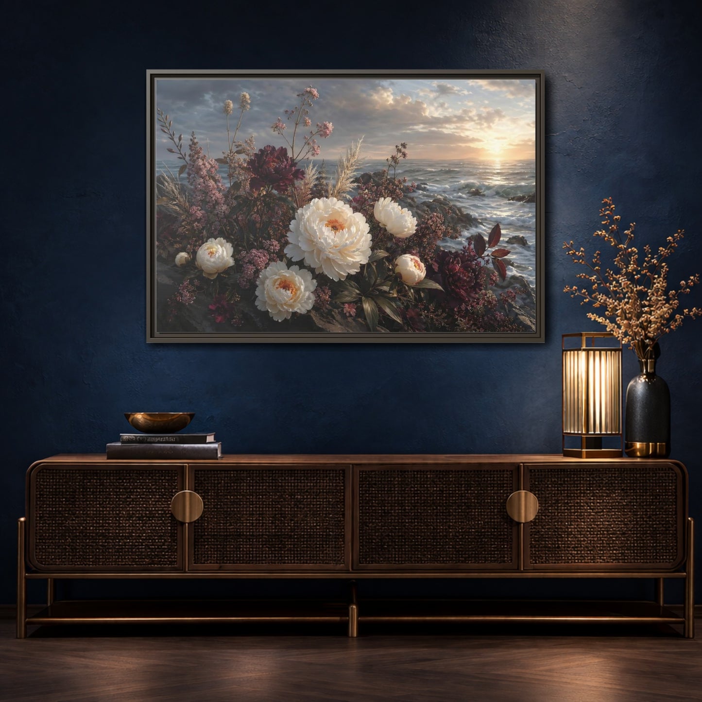 Mockup 4. Nature Peonies Peonies Ocean Sunset shown as stretched canvas wall art