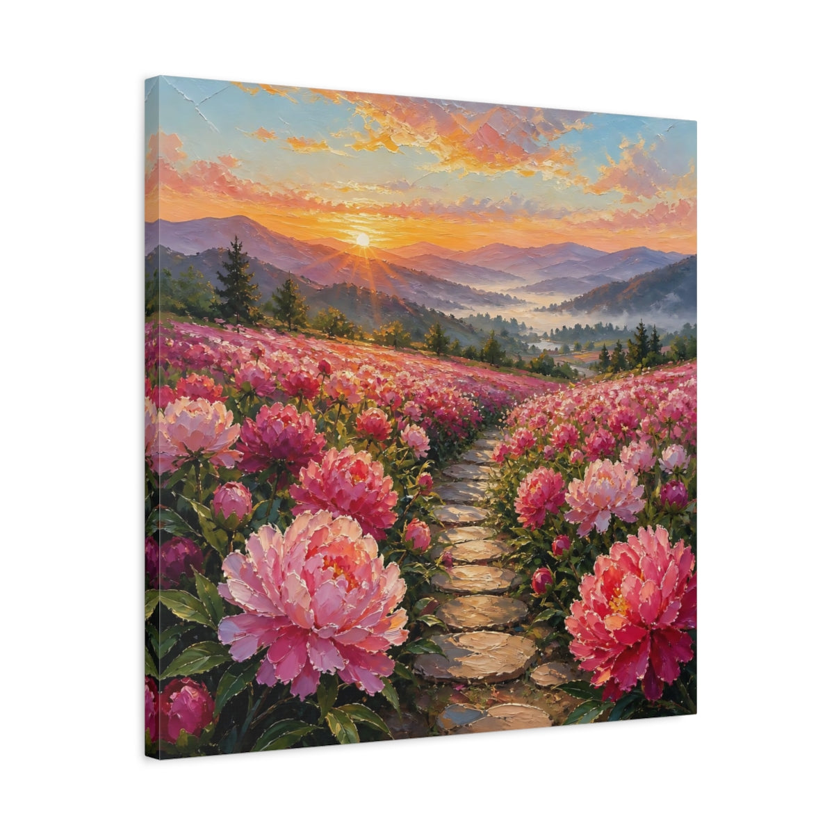 Side Mockup 4. Nature Peony Field Pink Peony Field shown as stretched canvas wall art
