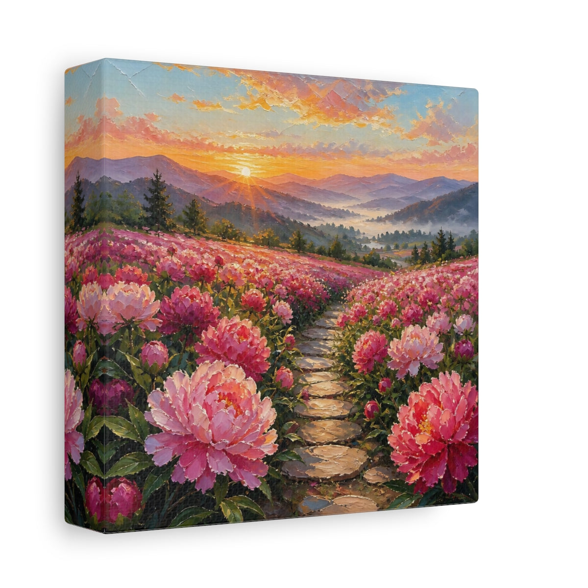 Side Mockup 2. Nature Peony Field Pink Peony Field shown as stretched canvas wall art