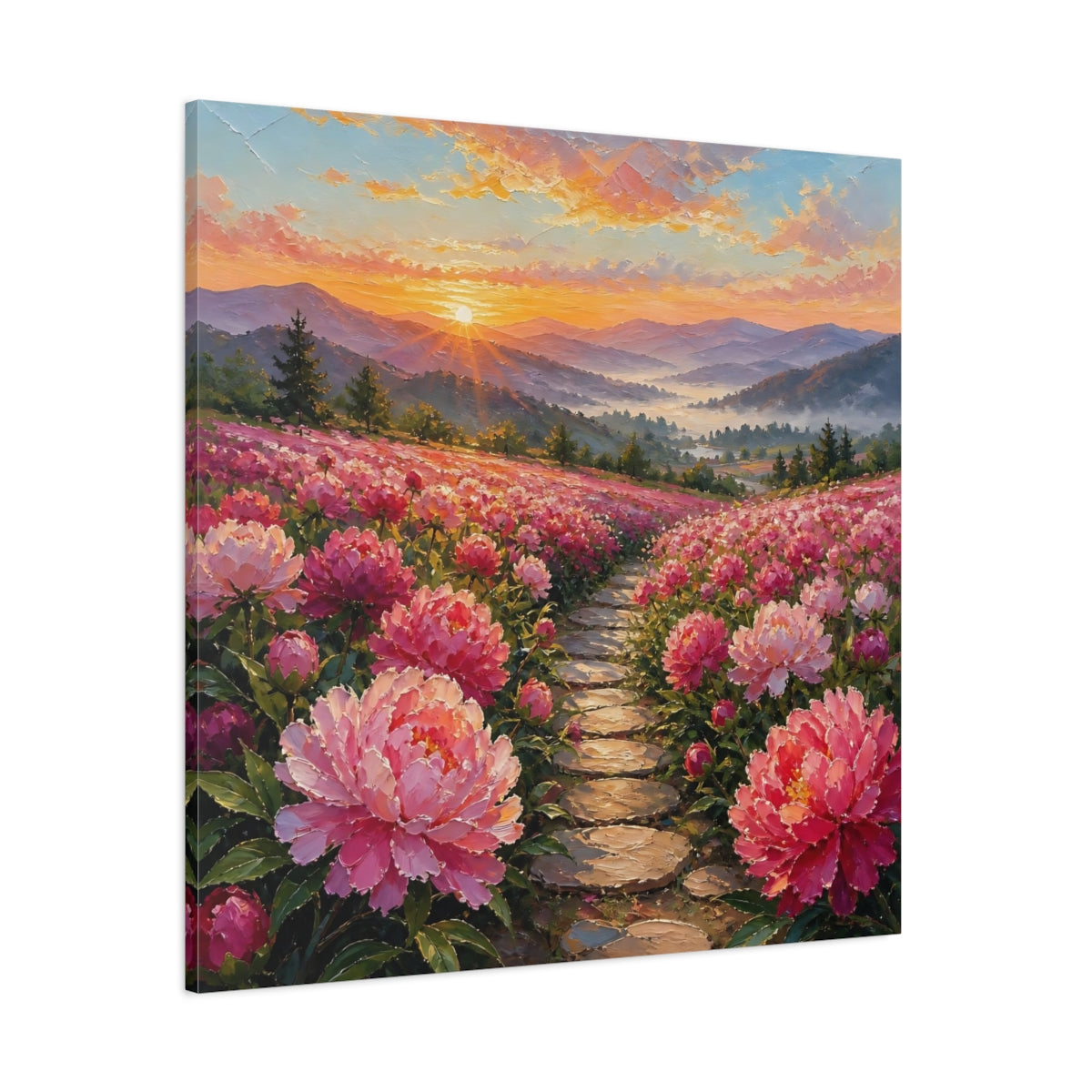 Side Mockup 1. Nature Peony Field Pink Peony Field shown as stretched canvas wall art