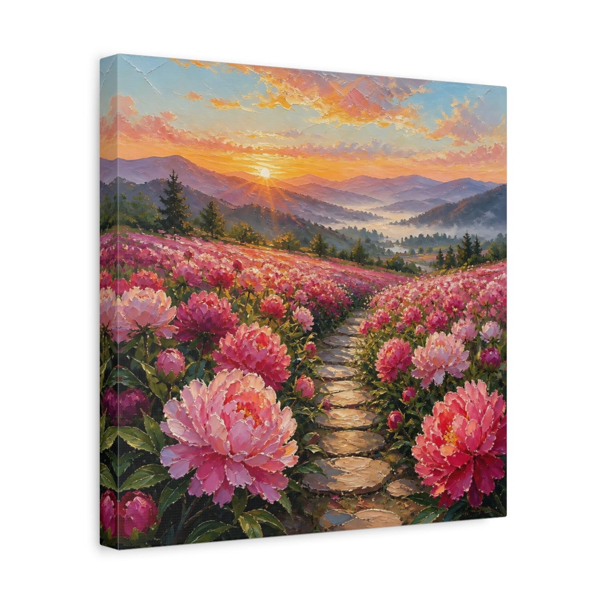 Side Mockup 7. Nature Peony Field Pink Peony Field shown as stretched canvas wall art
