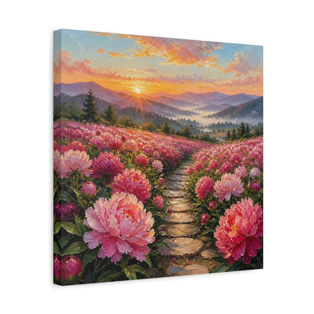 Side Mockup 6. Nature Peony Field Pink Peony Field shown as stretched canvas wall art