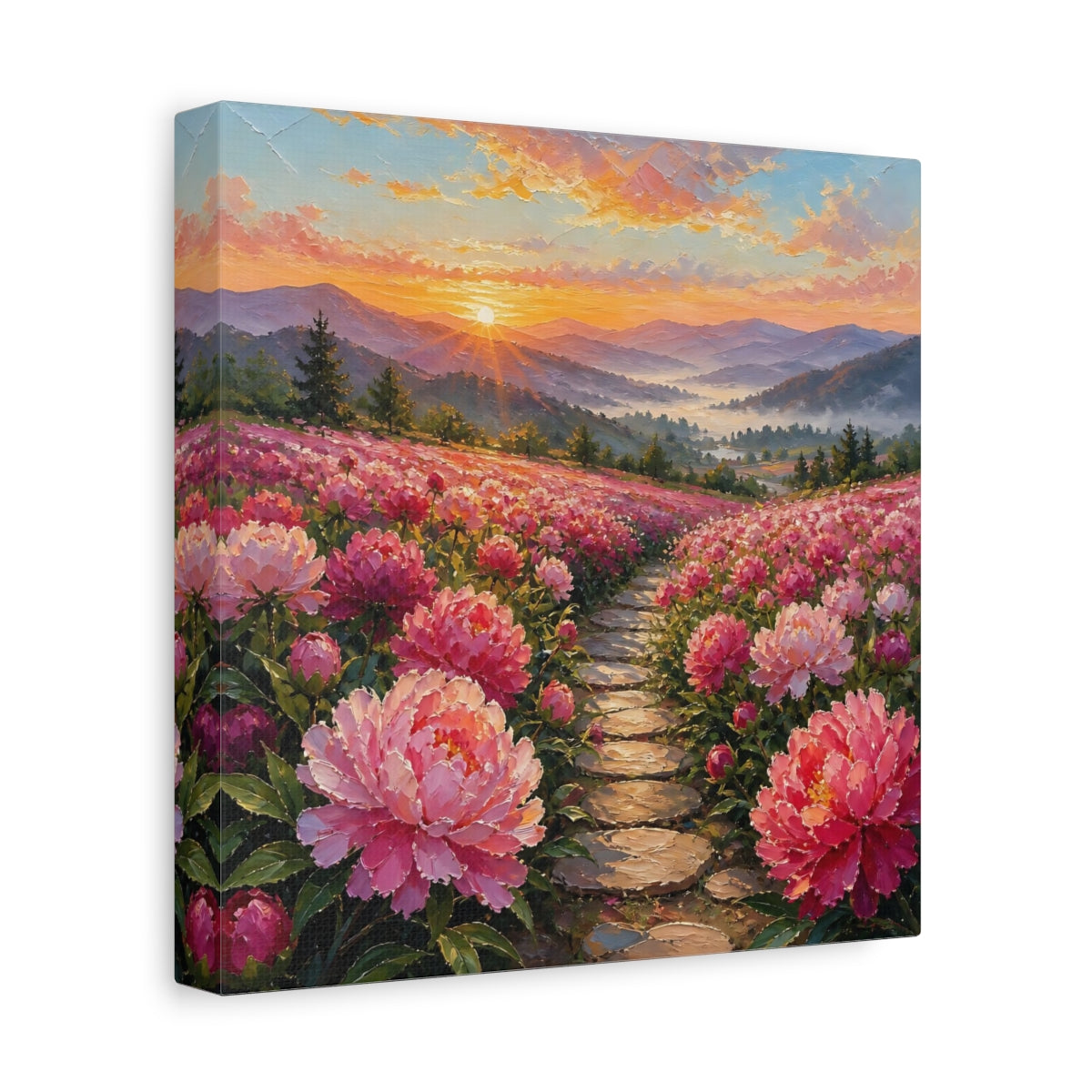 Side Mockup 9. Nature Peony Field Pink Peony Field shown as stretched canvas wall art