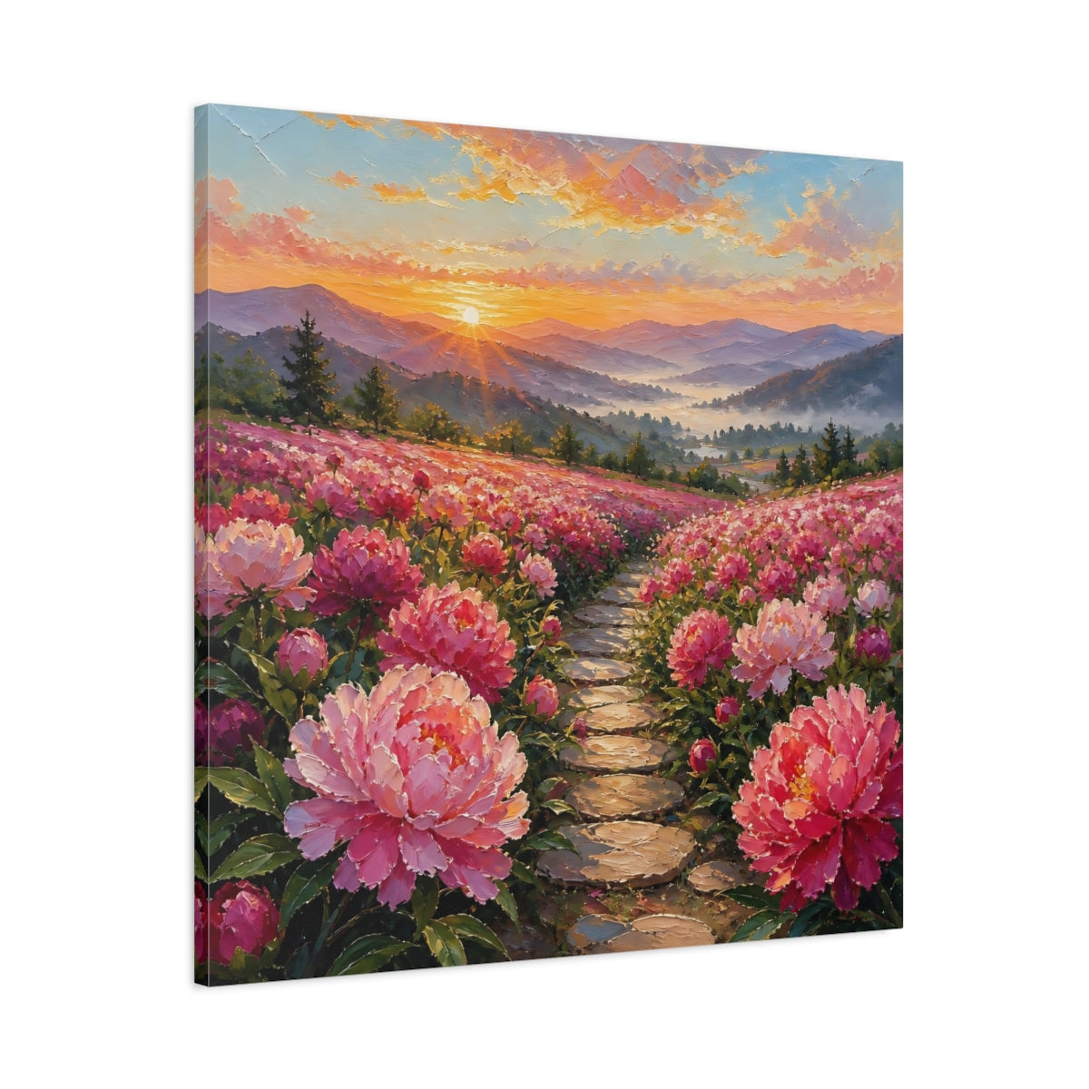 Main Mockup. Nature Peony Field Pink Peony Field shown as stretched canvas wall art